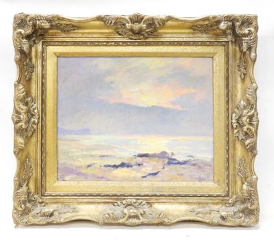 a painting of a beach scene with waves and clouds in a gold frame