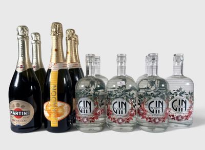 Des bouteilles de gin tonic sont alignées sur une surface blanche