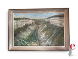 an oil painting of a landscape with a river in the middle of it