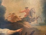 a painting of a woman pointing at a man on a horse