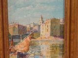 an oil painting of a boat in a body of water with buildings in the background