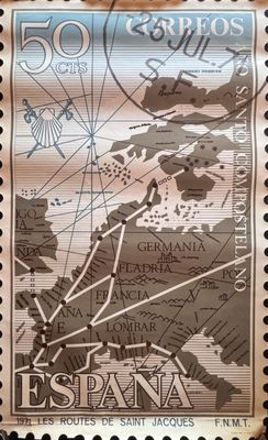 un vieux timbre-poste sur lequel figure une carte de l'Espagne