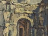 une peinture à l'huile représentant un vieux bâtiment avec une tour horloge en arrière-plan