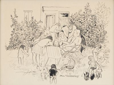 drawing of a group of people sitting in a yard with a dog