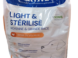 a bag of light and sterilised dog food on a white background