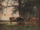 a painting of cows grazing under a tree in a field