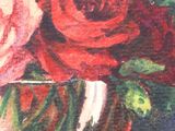 a painting of roses in a glass vase on a table