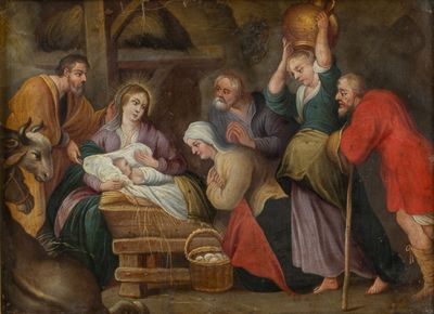 an image of a painting of a manger scene with a baby in a manger