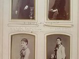 four black and white photographs of people in formal clothing and hats