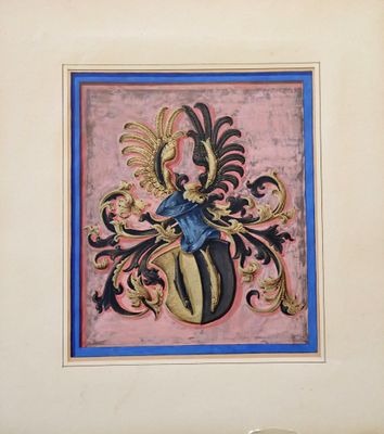 Ecole de l'Est XIX°, Blason sous casque à cimier ailé, gouac…