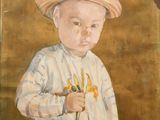 un tableau représentant un bébé coiffé d'un chapeau et tenant une fleur