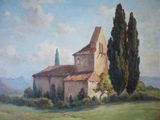 tableau représentant une église dans un champ, avec des arbres au premier plan