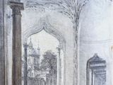 dessin représentant la vue d'un bâtiment à travers une arcade