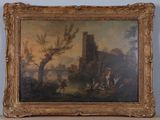an oil painting of a landscape with a castle in the background