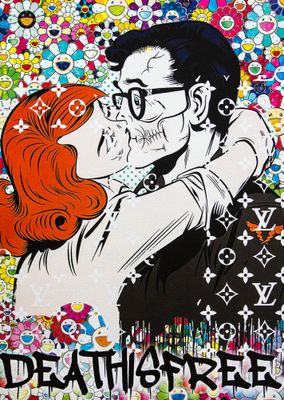 un tableau représentant un homme et une femme s'embrassant devant un fond coloré