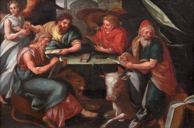 tableau représentant un groupe de personnes assises autour d'une table en compagnie d'une vache