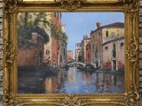 a painting on the wall of a building with a bridge