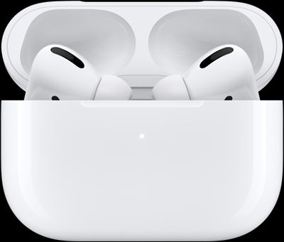 des AirPods d'Apple avec leur boîtier de recharge sur fond noir