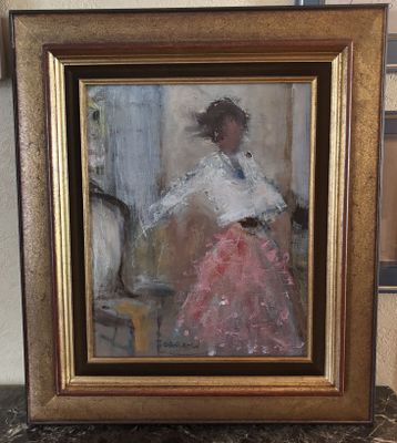 an oil painting of a woman in a pink dress standing in front of a mirror