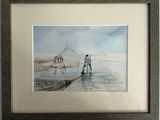 a picture of a painting of two men on a beach