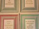 four framed pictures of different colors and sizes of words on a wall