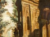 an image of a painting of a man sitting on the steps of a building
