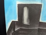 a black and white drawing of a building on a blue background
