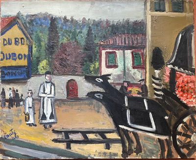 un tableau représentant un cheval tirant une calèche dans la rue