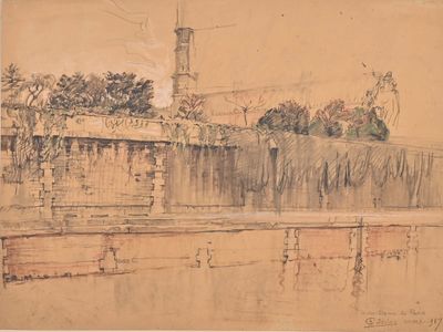 dessin d'un bâtiment surmonté d'une tour horloge