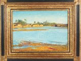 an oil painting of a river scene with a house in the distance