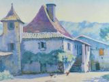 a painting of a building with a clock tower in the background