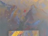 a painting of a mountain with a red object in it