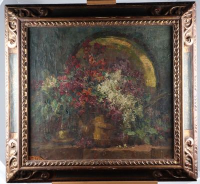 an oil painting of a vase of flowers in a gold frame