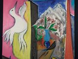 un tableau représentant un oiseau et un vase de fleurs posé sur une table
