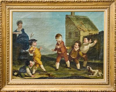 painting of a group of children playing with a dog in a field
