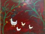 une peinture représentant un groupe de poulets sur fond rouge