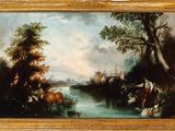 an image of a painting of a river scene with a man on a horse and a man on a horse