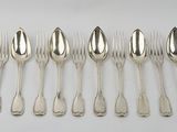 a set of six silverplated flatware forks and spoons