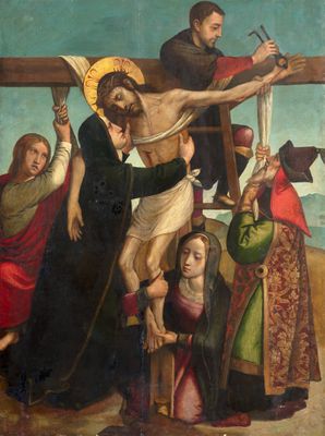 un tableau représentant un groupe de personnes rassemblées autour d'un homme sur une croix