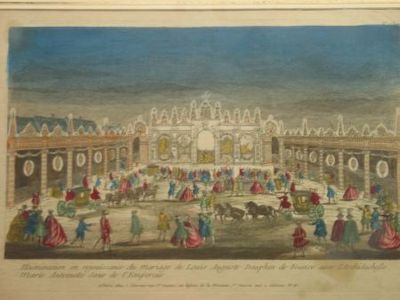 a drawing of a large building with a lot of people around it