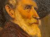 painting of an old man with a black hat and a red robe