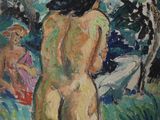 an oil painting of a nude woman standing in the grass