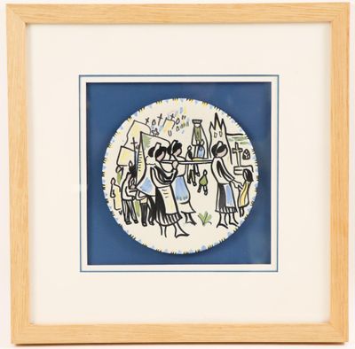 a painting of a group of people standing in front of a blue background