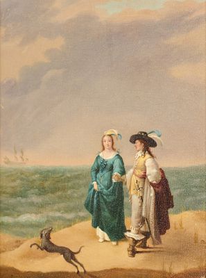 tableau représentant deux femmes sur une plage avec un chien et un chat