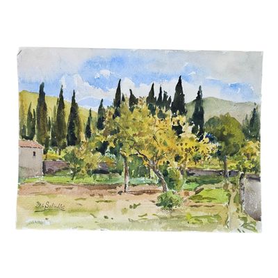aquarelle représentant un arbre jaune dans un champ, avec un ciel bleu en arrière-plan
