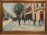 painting of a street scene with people walking and a horse drawn carriage