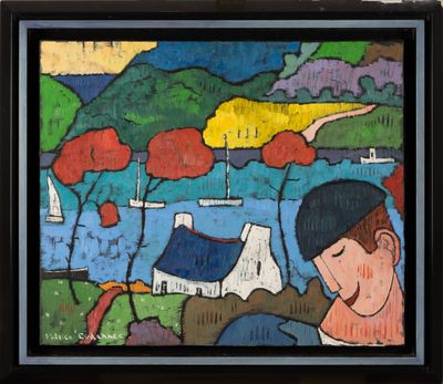 painting of a boy looking down at a boat in the water