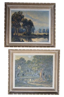 deux tableaux représentant des arbres et une rivière, dans un cadre doré
