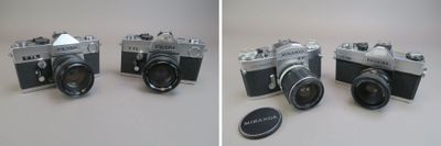 two pictures of a couple of cameras sitting on top of a table