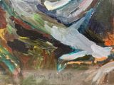 an oil painting of a white bird flying through the air